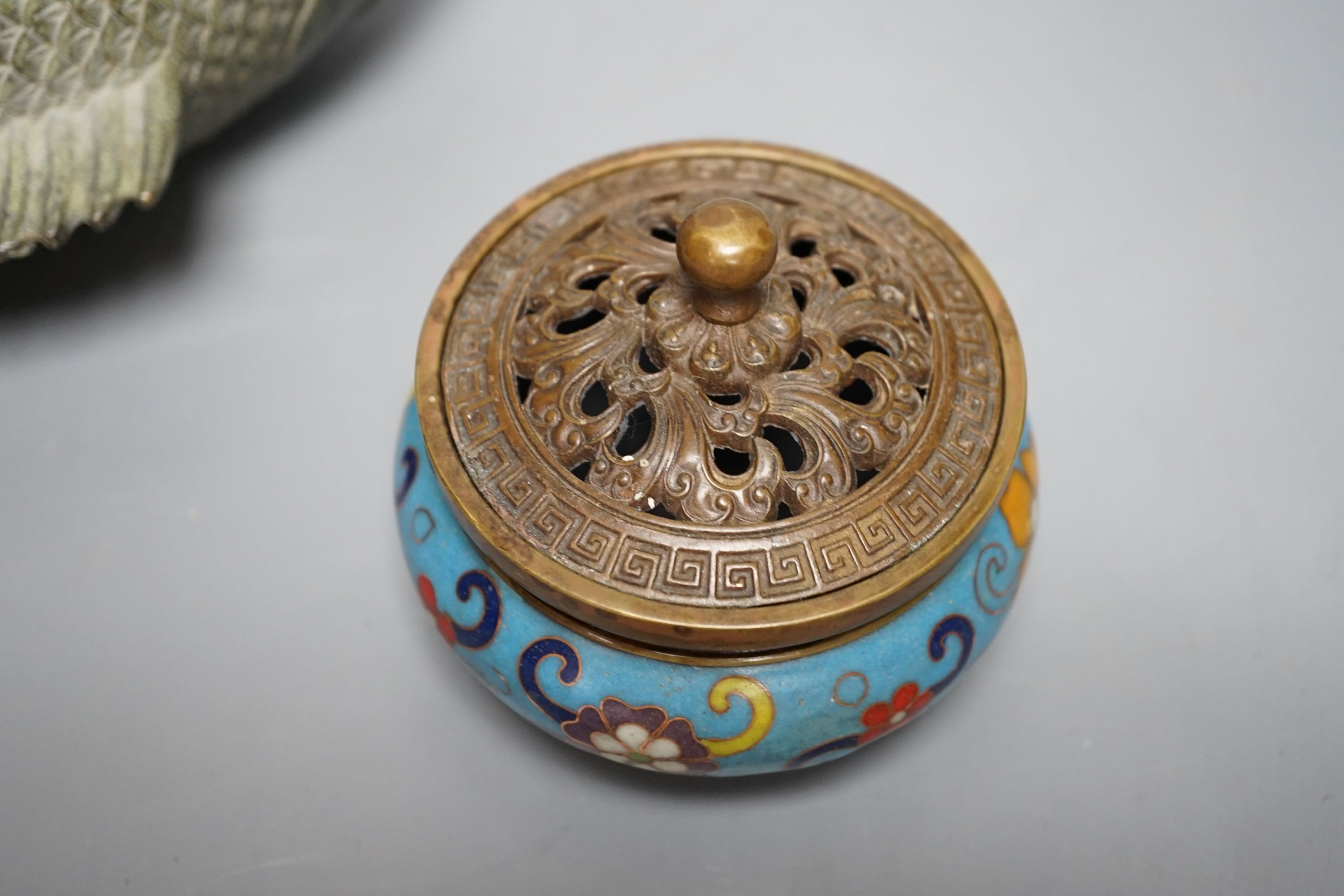 A Chinese cloisonne enamel censer and cover and a bronze fish censer 23cm